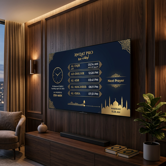 Smart TV Mockup displaying Awqat Pro interface